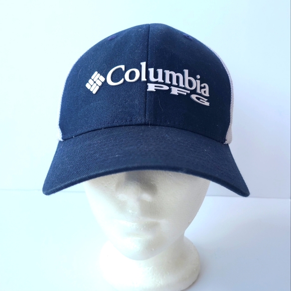 COLUMBIA PFG Ball Cap Hat Navy Blue & White Cotton  Size S/M Mesh Back Bass - Picture 2 of 8